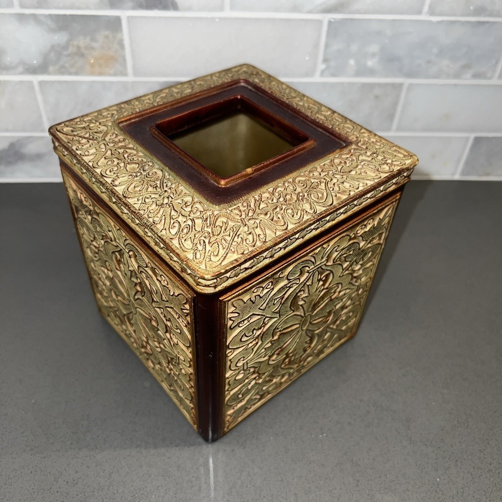 India Ink Vintage Versailles Tissue Cover Maple Gold Tone Burgandy Trim